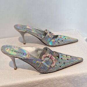 Vigotti Iridescent Silver Heeled Mules With Pointy Toe Size EU 40
